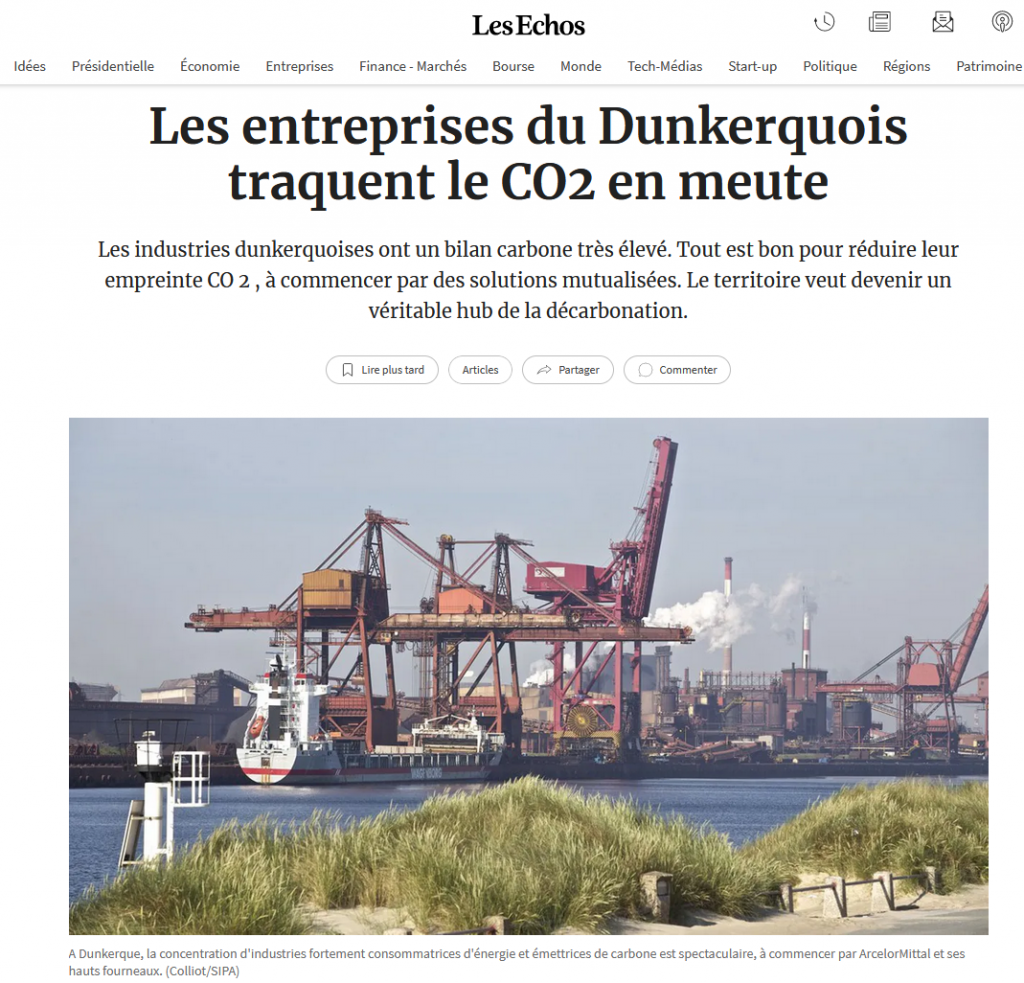 https://www.lesechos.fr/thema/articles/les-entreprises-du-dunkerquois-traquent-le-co2-en-meute-1395787 Les industries dunkerquoises ont un bilan carbone très élevé. Tout est bon pour réduire leur empreinte CO 2 , à commencer par des solutions mutualisées. Le territoire veut devenir un véritable hub de la décarbonation.